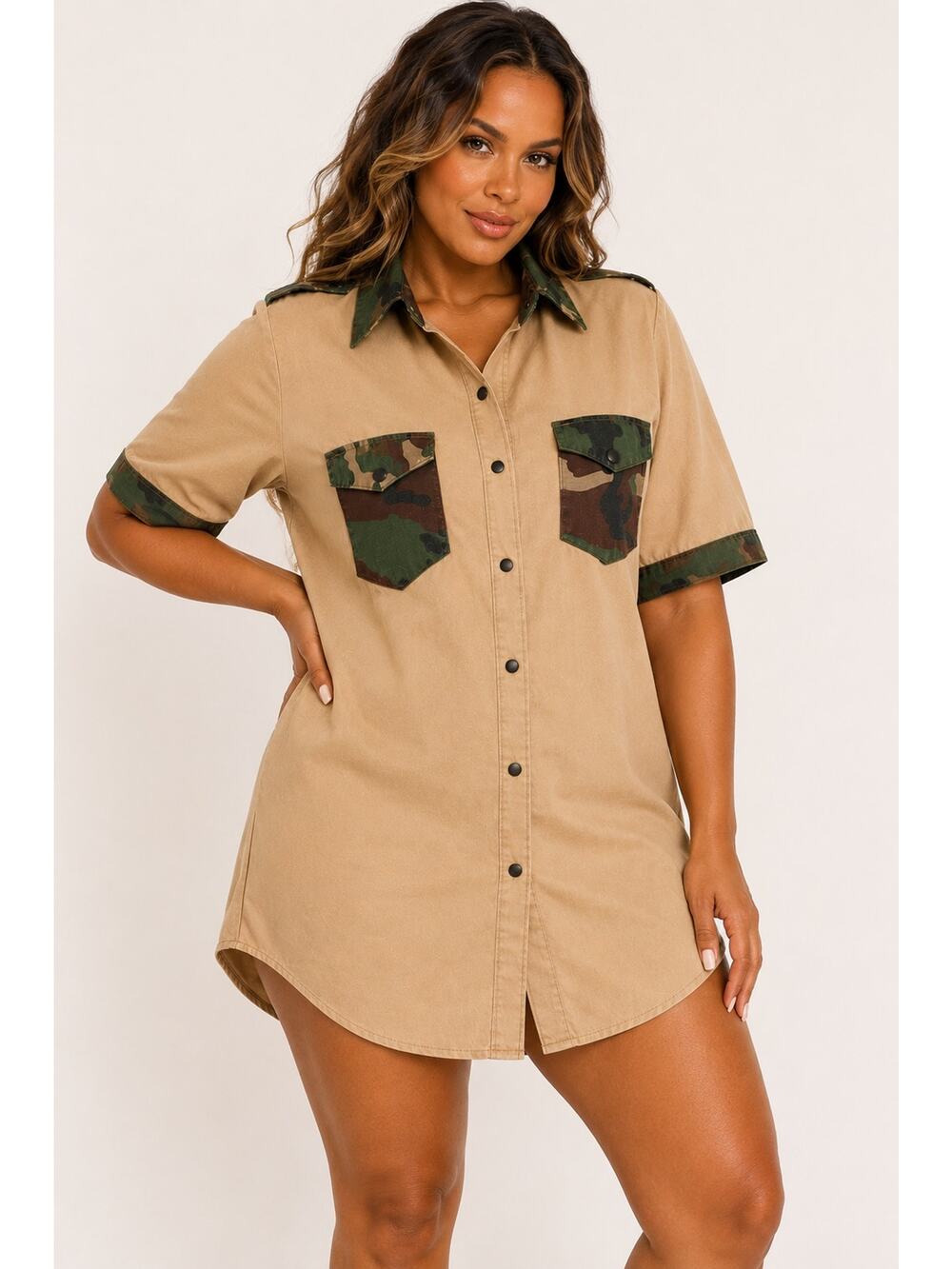 Vintage Bianca Nygard Camo Accent Shirt Dress Womens XL Tan Snap Front USA